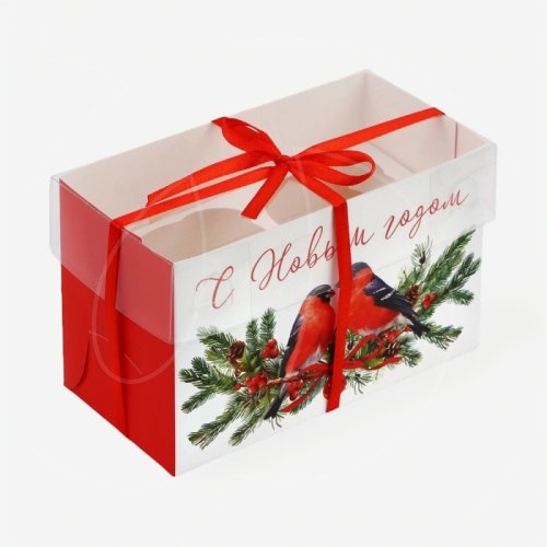 Коробка на 2 капкейка с прозрачной крышкой "Снегири" 16х8х10 см 10365402